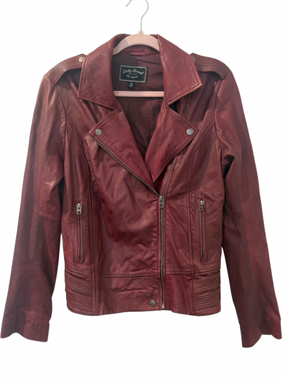 Lucky Brand Burgundy Lamb Leather Moto Biker Jacket Size M